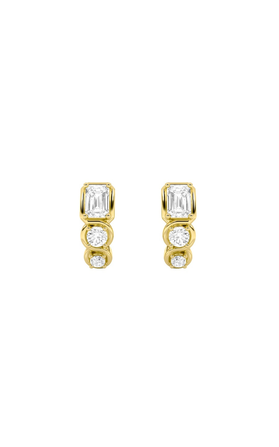 2.5Cttw Emerald Shaped Lab Grown Diamond (F/VS) Three Stone Huggie Earrings in 14K Gold