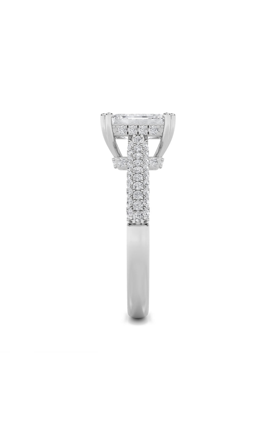 3Cttw Emerald Shaped Lab Grown Diamond (F/VS) Triple Row Accented Engagement Ring in 14K Gold