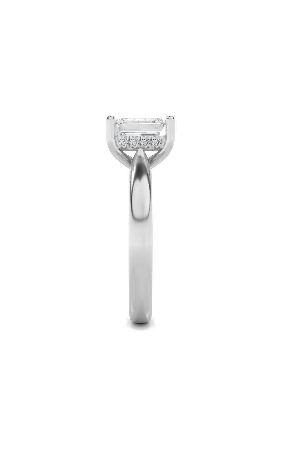 3Cttw Emerald Shaped Lab Grown Diamond (F/VS) Hidden Halo Cathedral Shank Engagement Ring in 14K Gold