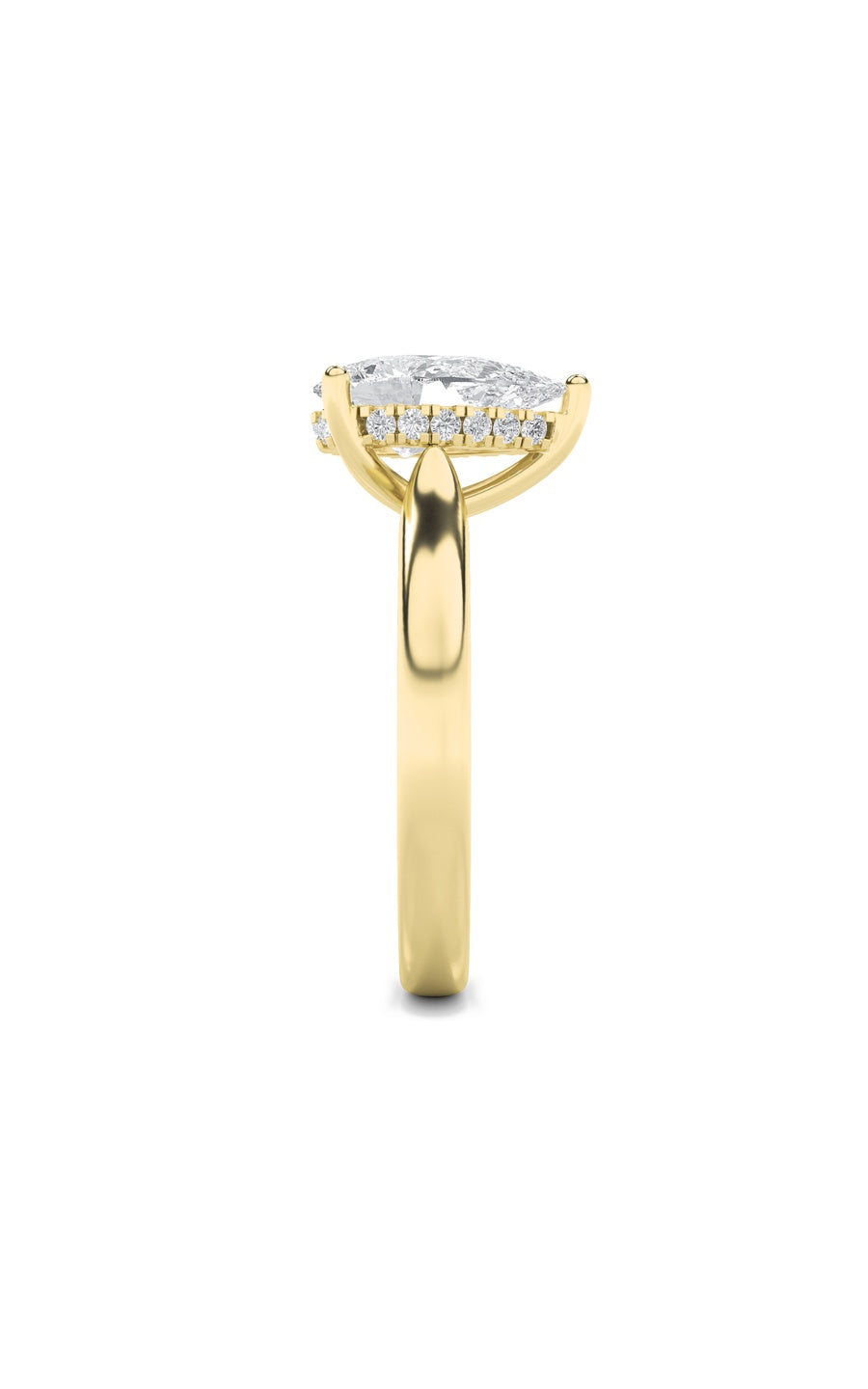 3Cttw Pear Shaped Lab Grown Diamond (F/VS) HiddenHalo Cathedral Shank Engagement Ring in 14K Gold