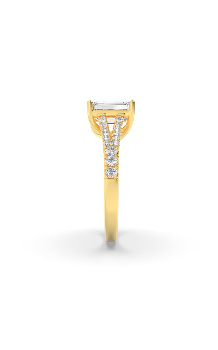 2Cttw Emerald Shaped Lab Grown Diamond (F/VS) Split Shank Trellis Engagement Ring in 14K Gold