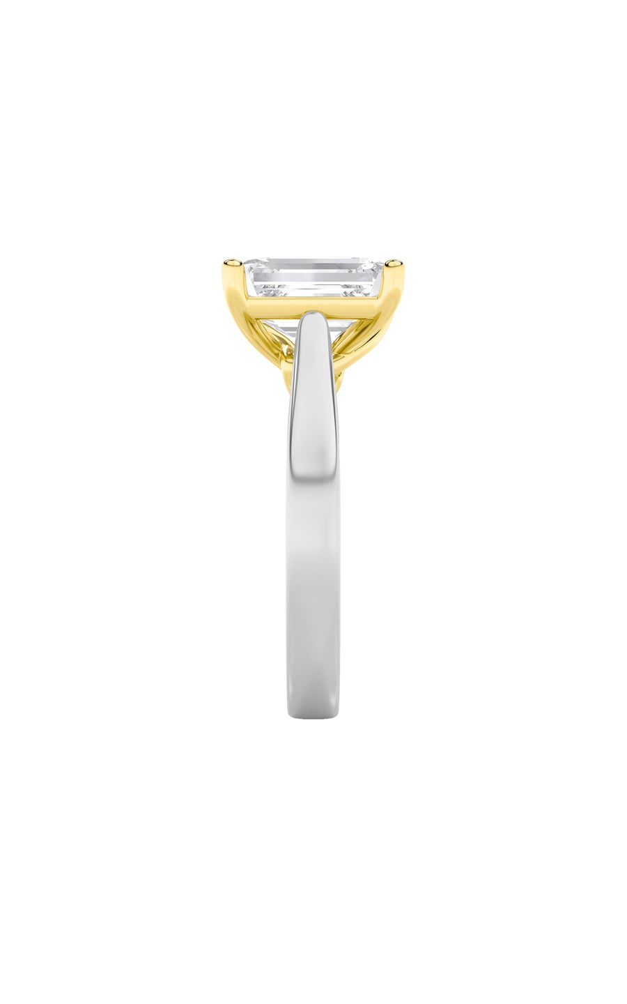1Cttw Emerald Shaped Lab Grown Diamond (F/VS) TwoTone Twisted Basket Cathedral Shank Solitaire Ring in 14K Gold