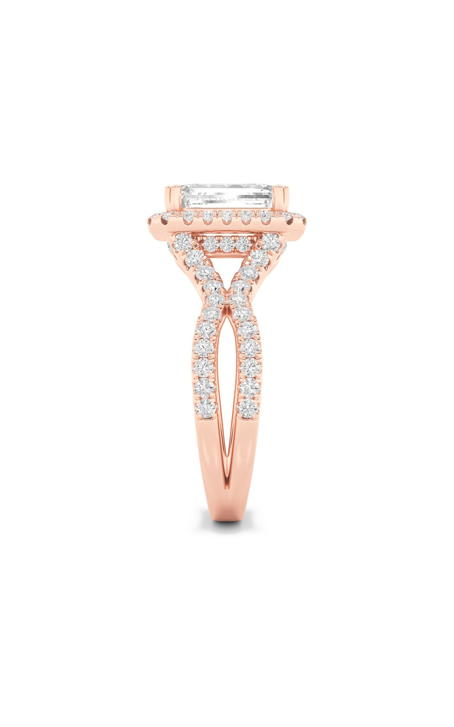 4Cttw Emerald Shaped Lab Grown Diamond (F/VS) Split Shank Halo Engagement Ring in 14K Gold