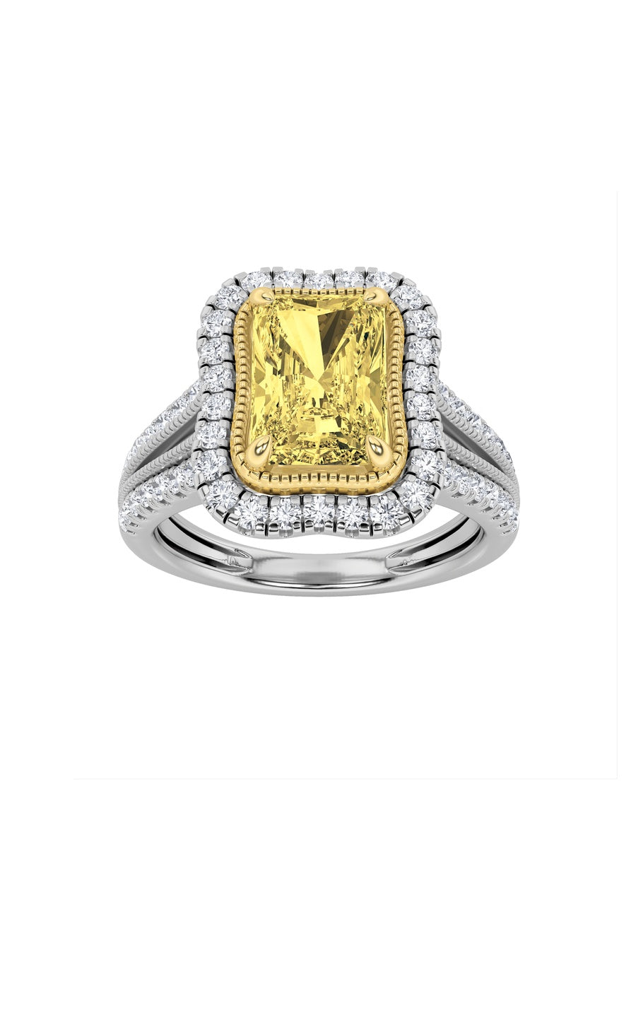2.5Cttw Radiant Shaped Fancy Yellow Lab Grown Diamond (F/VS) Split Shank Halo Engagement Ring in 14KGold