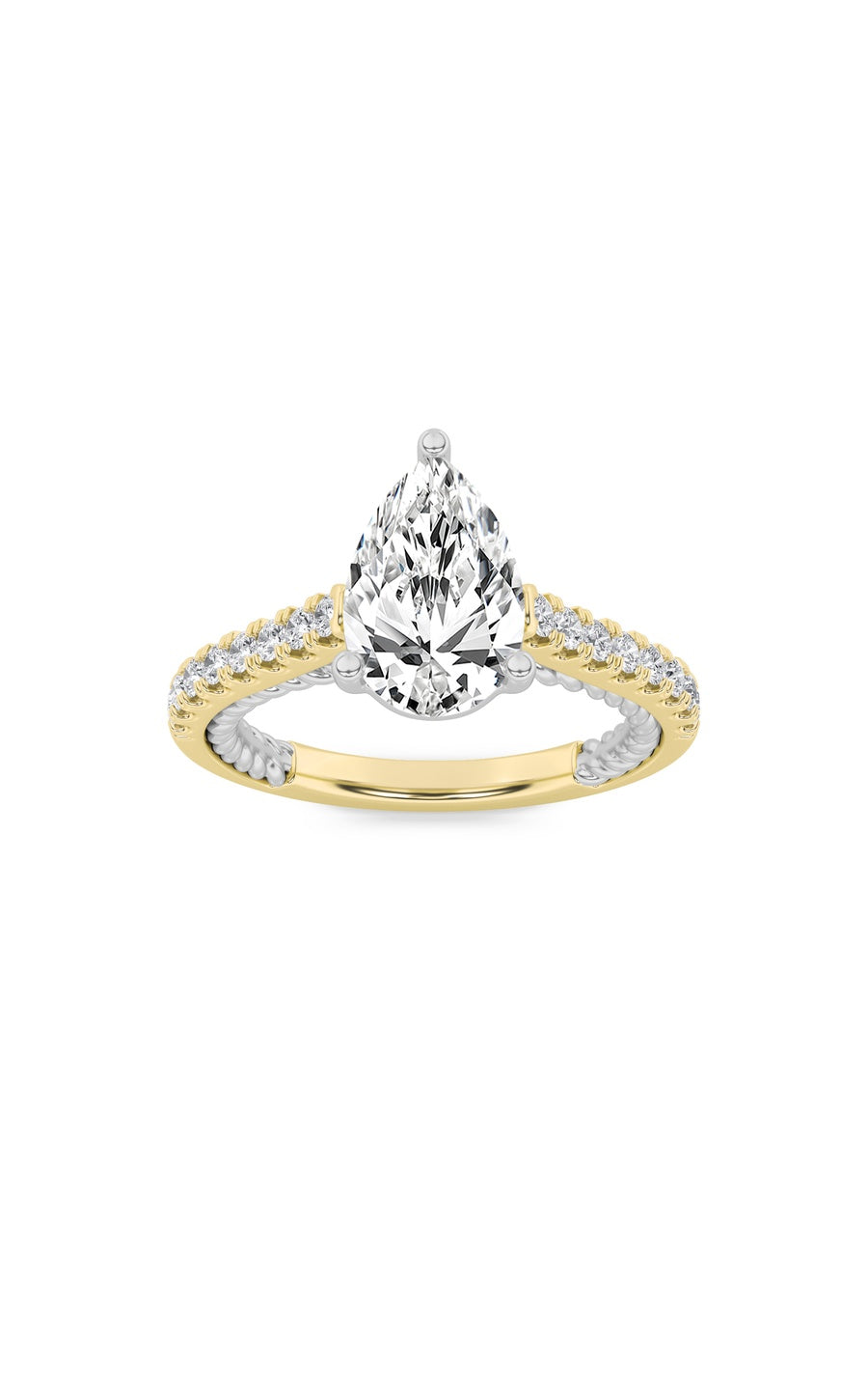 2Cttw Pear Shaped Lab Grown Diamond (F/VS) Two Tone Accented Rope Design Engagement Ring in 14K Gold