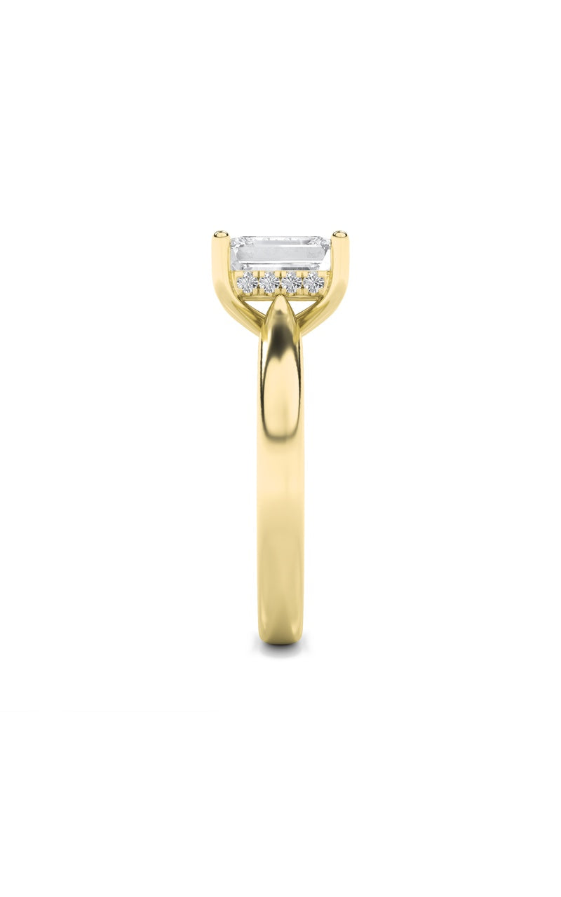 1CTW Emerald Shaped Lab Grown Diamond (F/VS) Hidden Halo Cathedral Shank Engagement Ring in 14K Gold