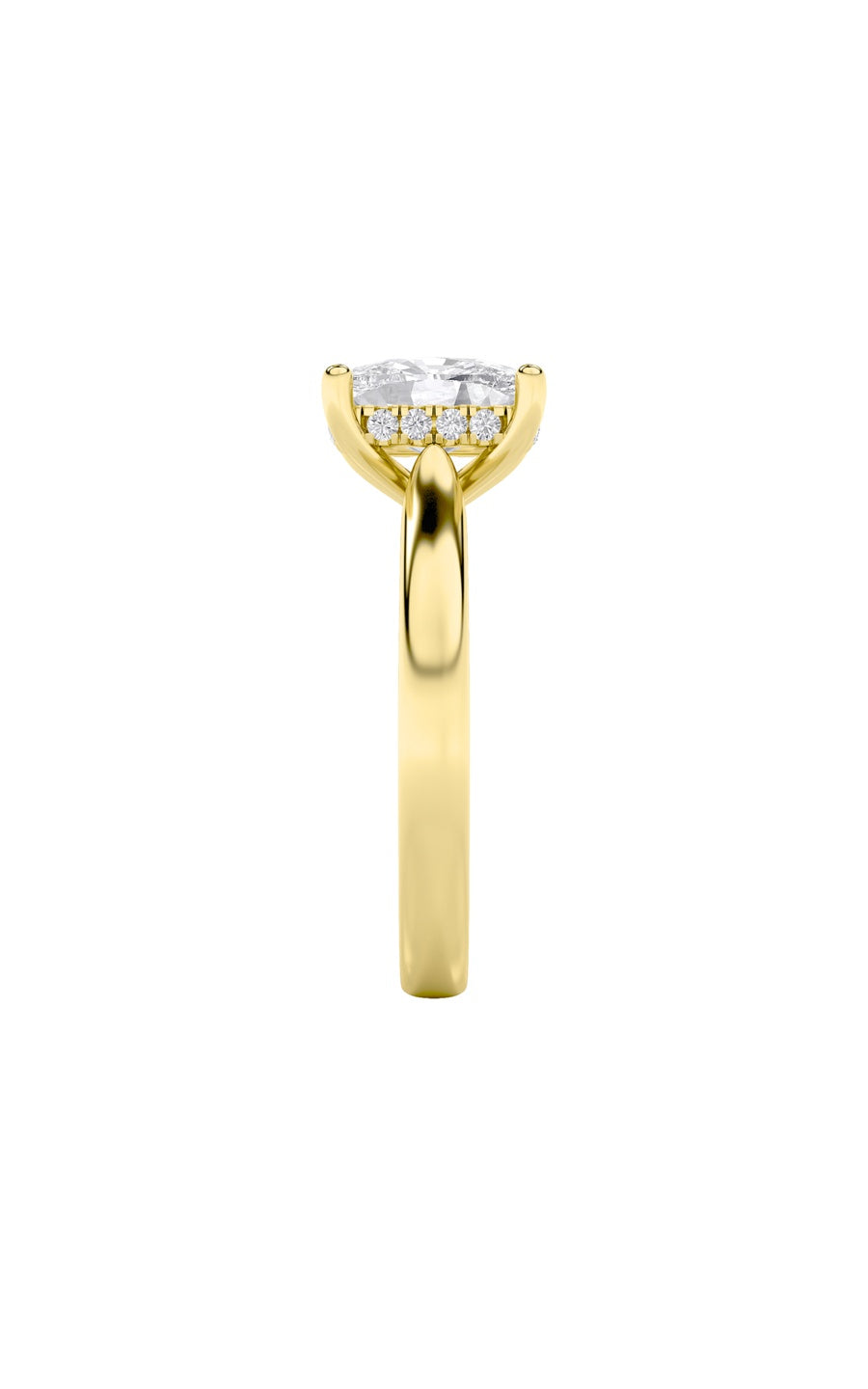 1Cttw Elongated Cushion Shaped Lab Grown Diamond (F/VS) Hidden Halo Cathedral Shank Engagement Ringin 14K Gold