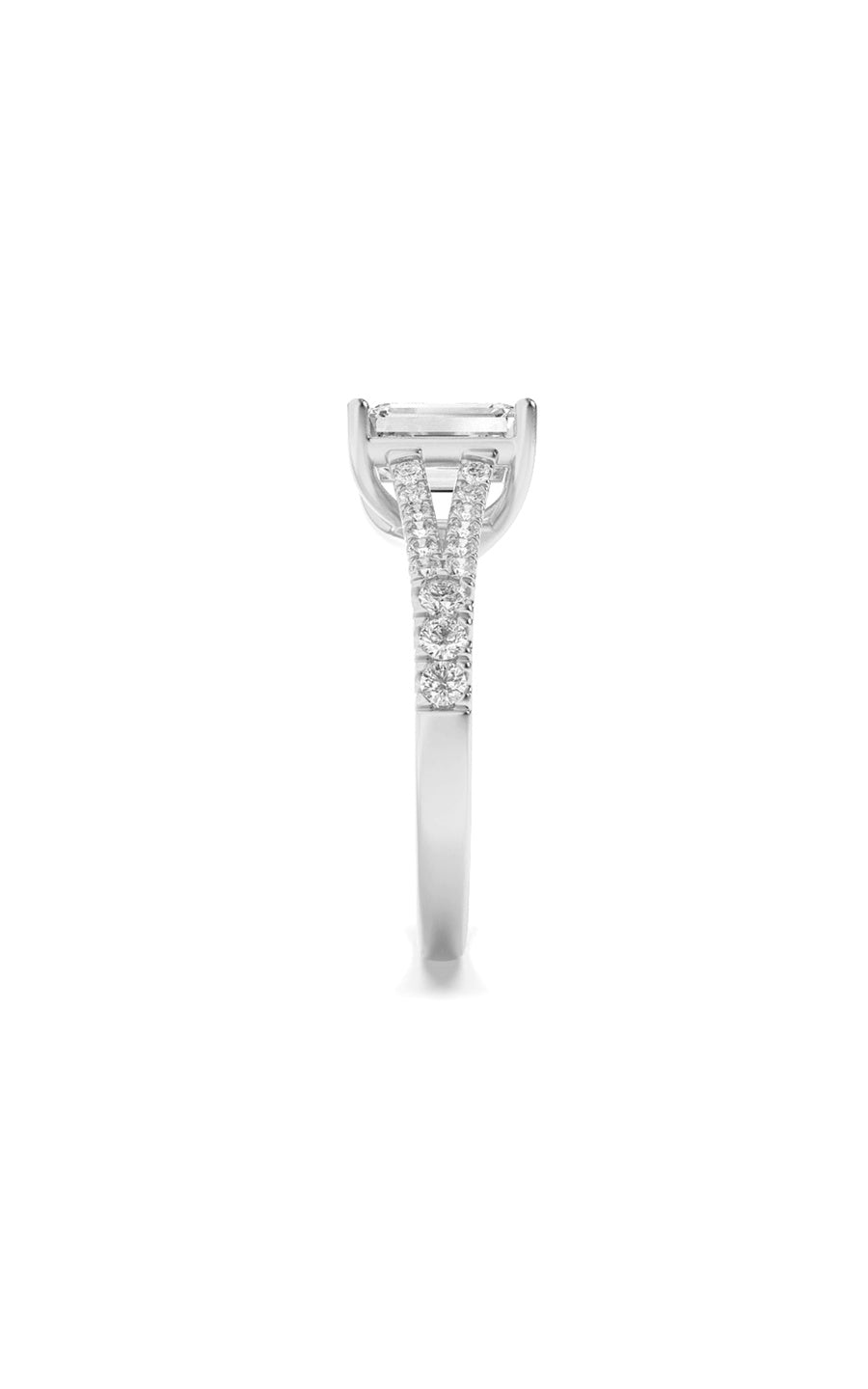 4CTW Emerald Shaped Lab Grown Diamond (F/VS) Split Shank Trellis Engagement Ring in 14K Gold