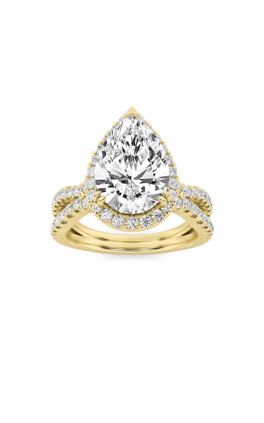 4Cttw Pear Shaped Lab Grown Diamond (F/VS) Split Shank Halo Engagement Ring in 14K Gold