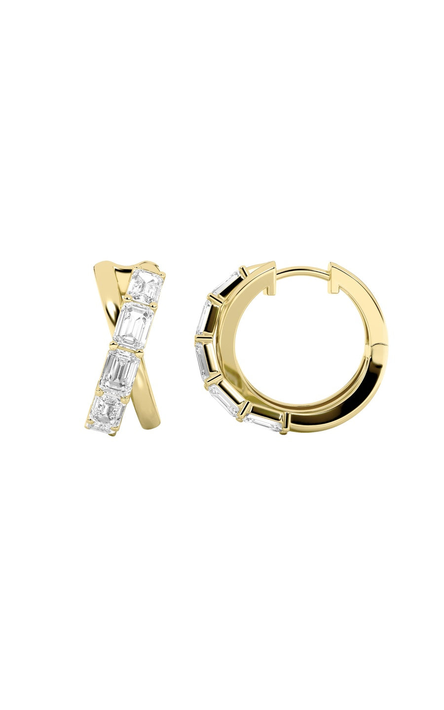 3CTW Emerald Shaped Lab Grown Diamond (F/VS) Huggie Earrings in 14K Gold