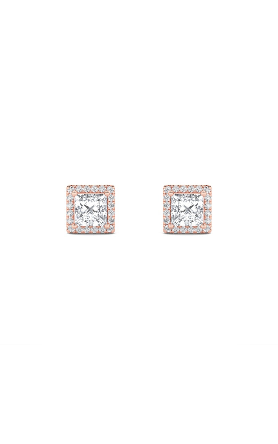 2Cttw Princess Shaped Lab Grown Diamond (F/VS) Halo Stud Earrings in 14K Gold