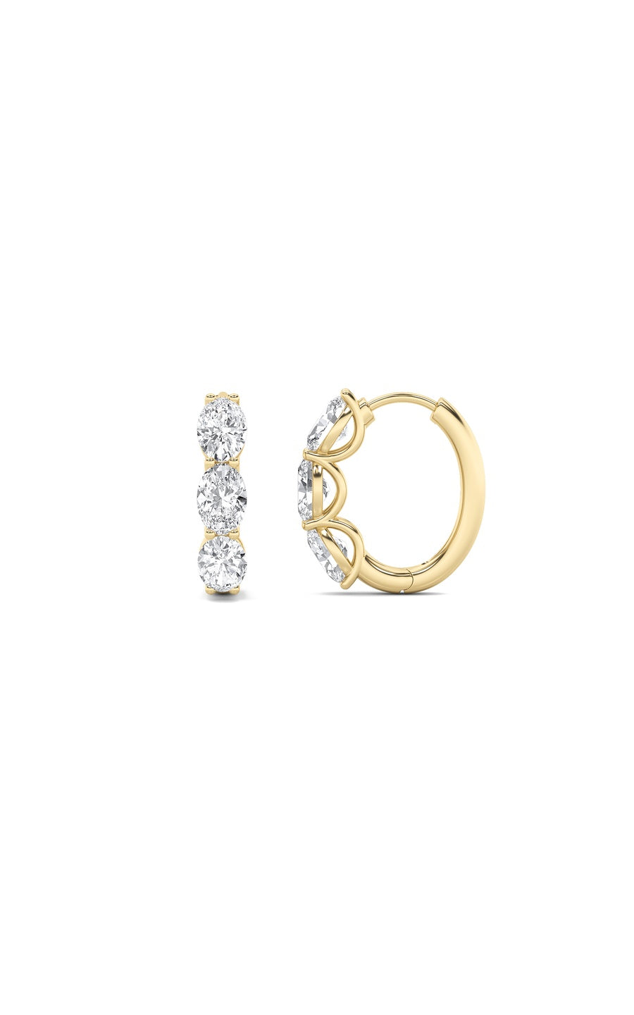 3Cttw Oval Shaped Lab Grown Diamond (F/VS) Three Stone Huggie Earrings in 14K Gold