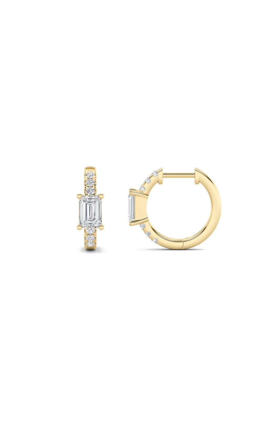 1.5Cttw Emerald Shaped Lab Grown Diamond (F/VS) Solitare Accent Huggie Earrings in 10K Gold