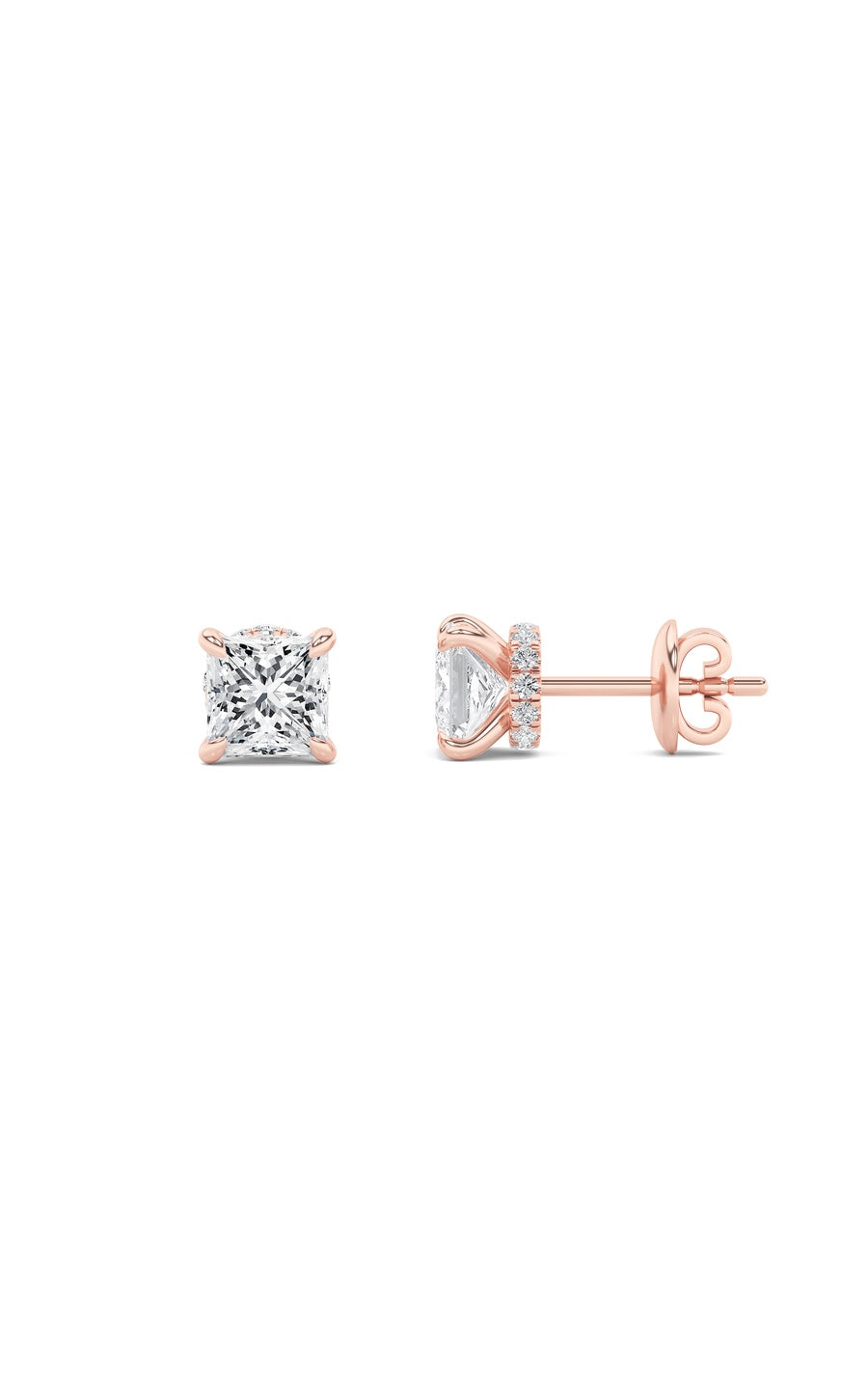 2CTW Princess Shaped Lab Grown Diamond (F/VS) Hidden Halo Stud Earrings in 14K Gold