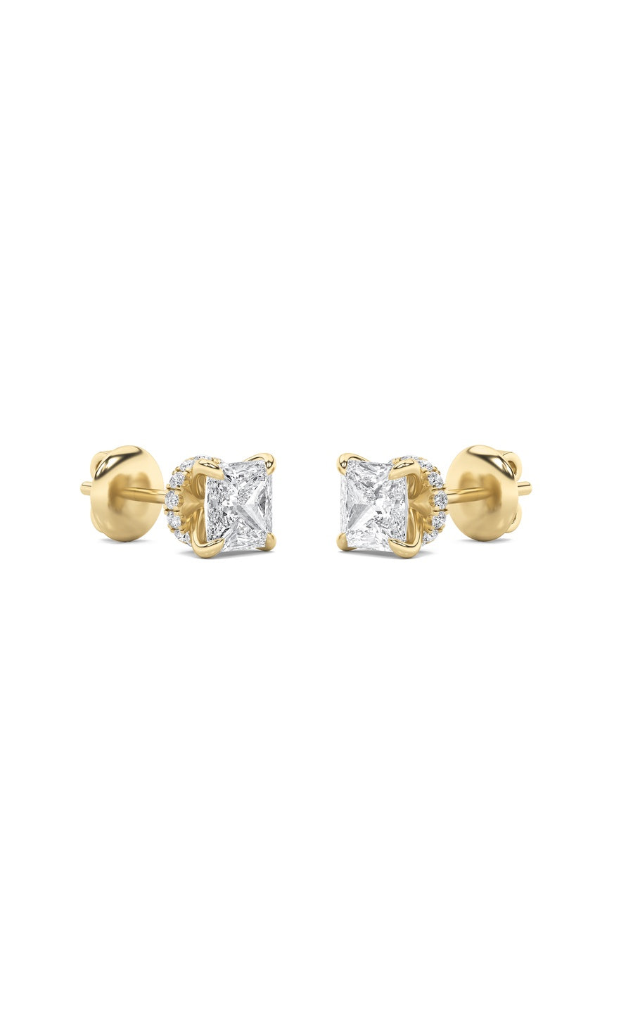 5Cttw Princess Shaped Lab Grown Diamond (F/VS) Hidden Halo Stud Earrings in 14K Gold