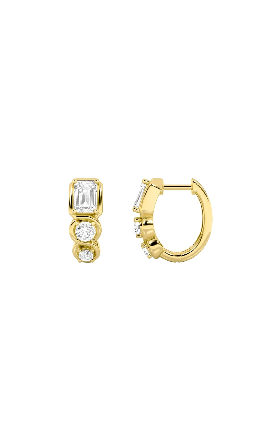 2.5Cttw Emerald Shaped Lab Grown Diamond (F/VS) Three Stone Huggie Earrings in 14K Gold
