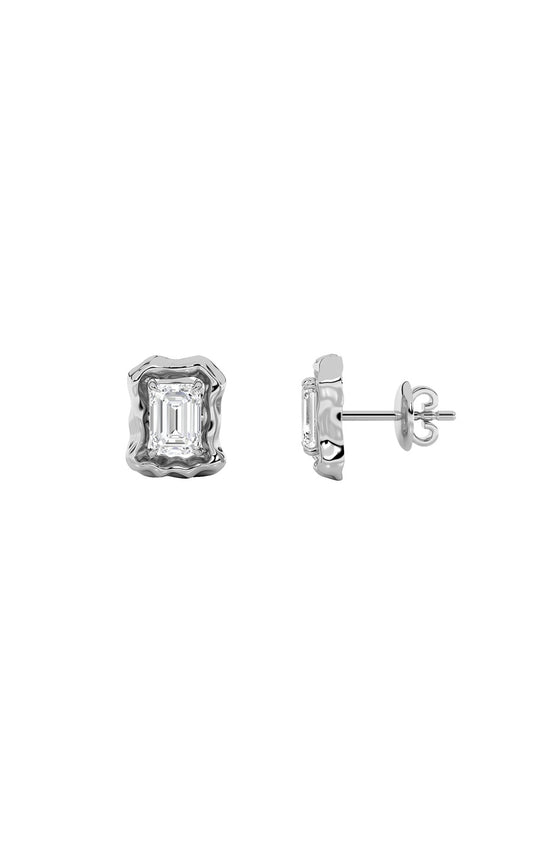 1.5Cttw Emerald Shaped Lab Grown Diamond (F/VS) Organic Design Stud Earrings in 14K Gold