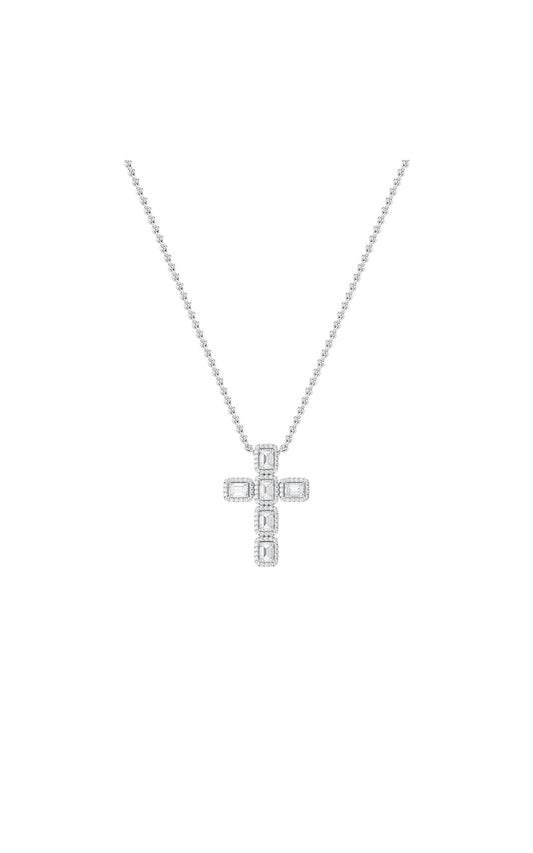 3Cttw Emerald Shaped Lab Grown Diamond (F/VS) Cross Pendant in 14K Gold
