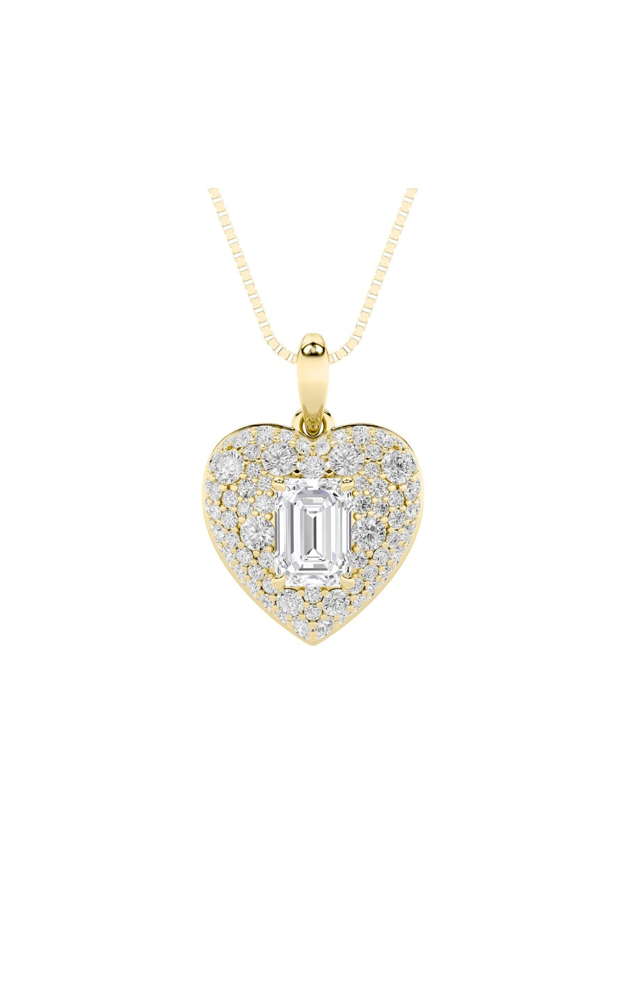 2Cttw Emerald Shaped Lab Grown Diamond (F/VS) PaveAccented Heart Shaped Pendant in 14K Gold