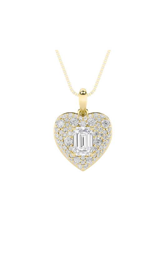 2Cttw Emerald Shaped Lab Grown Diamond (F/VS) PaveAccented Heart Shaped Pendant in 14K Gold