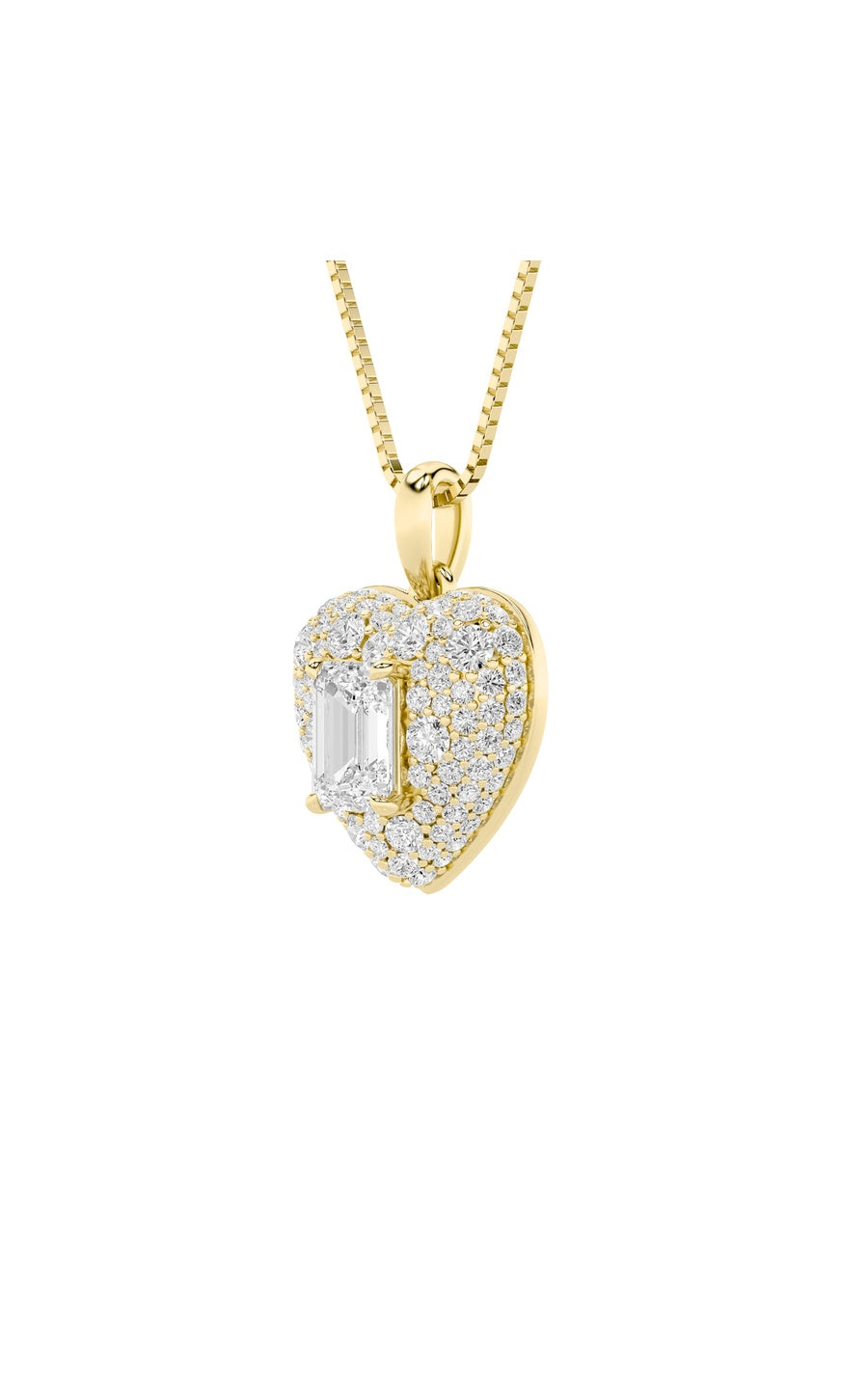 2Cttw Emerald Shaped Lab Grown Diamond (F/VS) PaveAccented Heart Shaped Pendant in 14K Gold