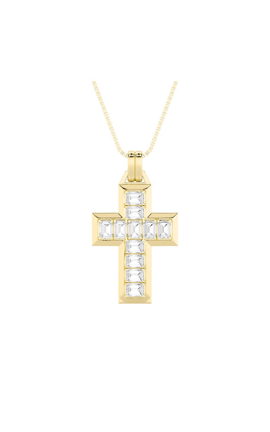 3Cttw Emerald Shaped Lab Grown Diamond (F/VS) Cross Pendant in 14K Gold