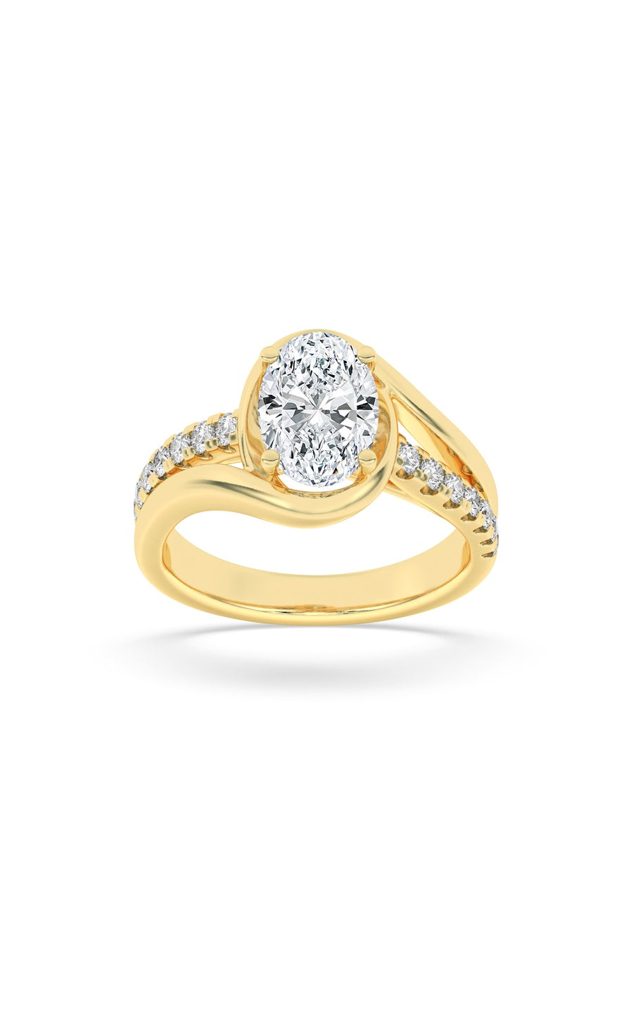 2Cttw Oval Shaped Lab Grown Diamond (G/VS) Swirl Shank Accented Engagement Ring in 14K Gold