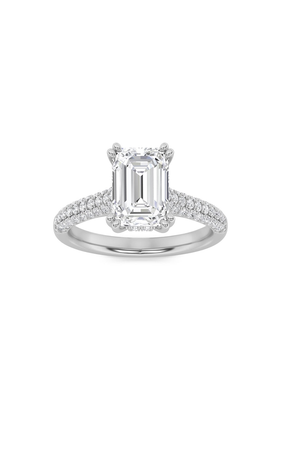 3Cttw Emerald Shaped Lab Grown Diamond (F/VS) Triple Row Accented Engagement Ring in 14K Gold