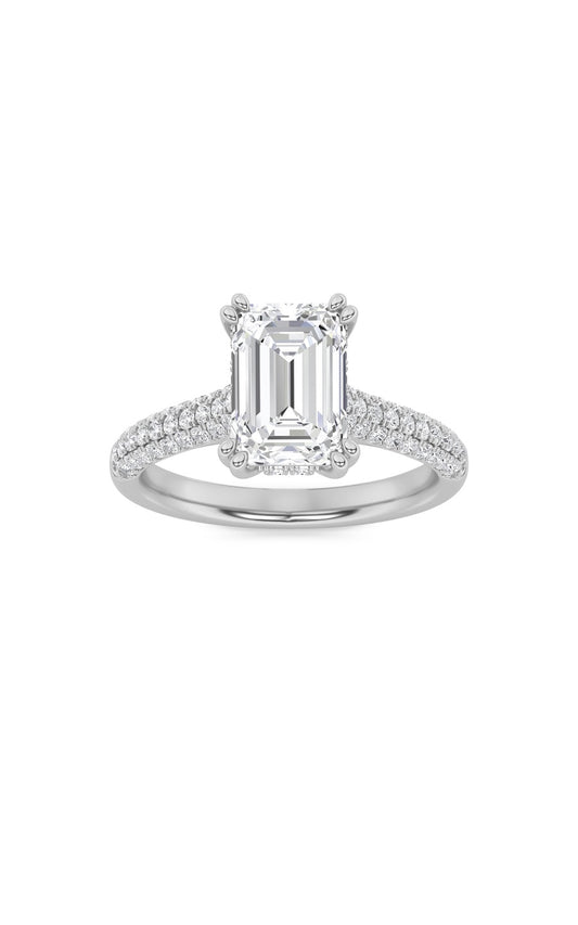 3Cttw Emerald Shaped Lab Grown Diamond (F/VS) Triple Row Accented Engagement Ring in 14K Gold