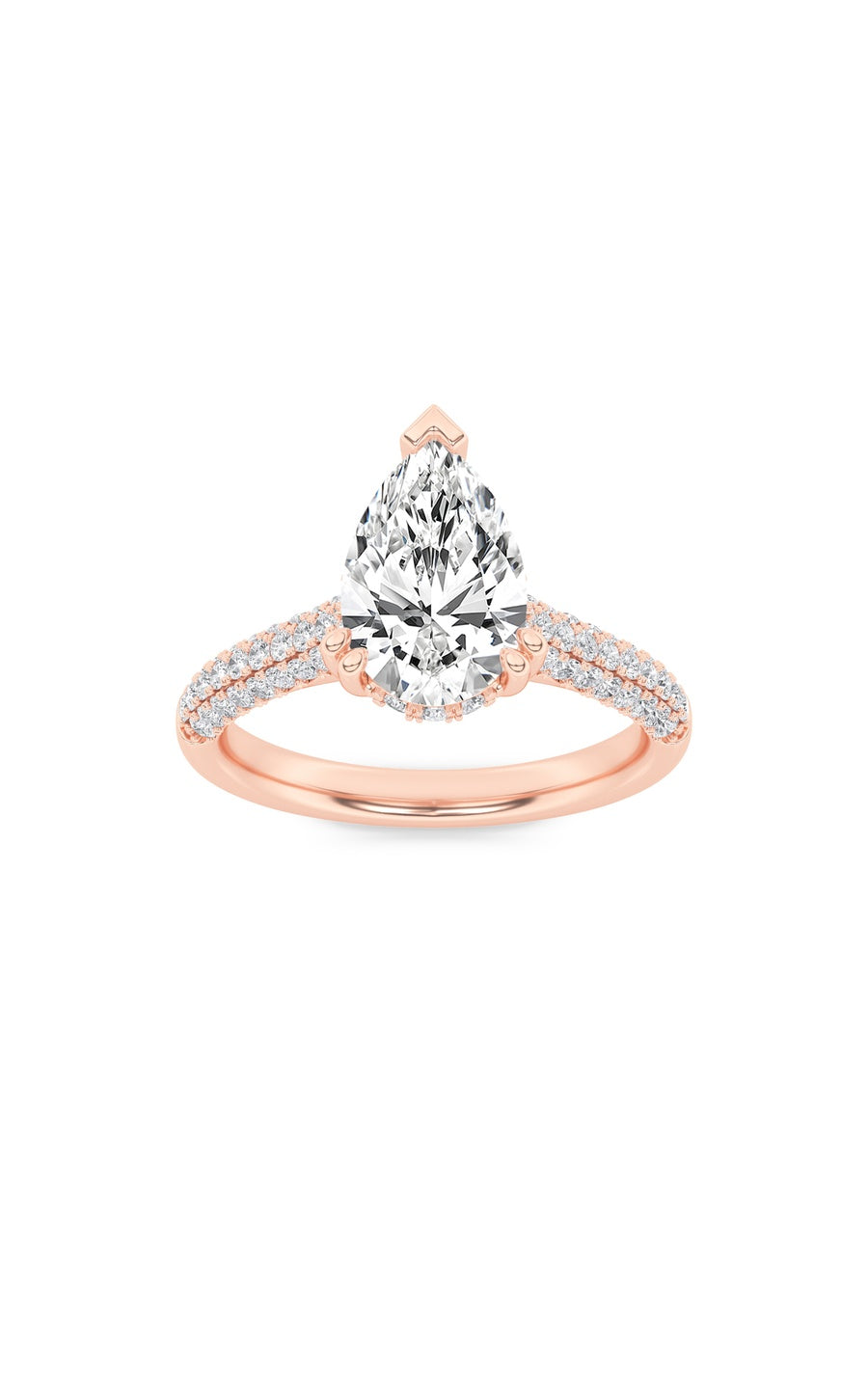 3Cttw Pear Shaped Lab Grown Diamond (F/VS) TripleRow Accented Engagement Ring in 14K Gold