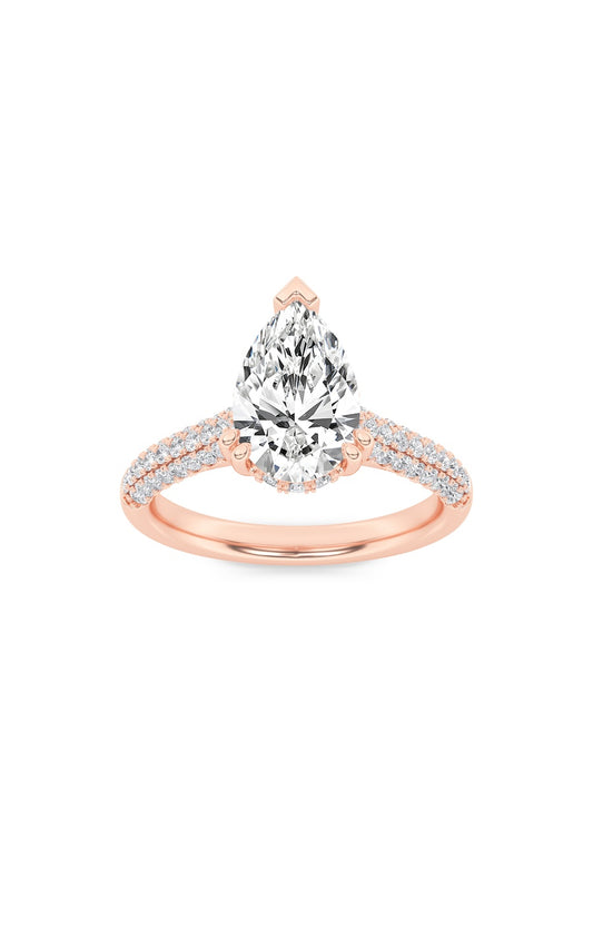 3Cttw Pear Shaped Lab Grown Diamond (F/VS) TripleRow Accented Engagement Ring in 14K Gold