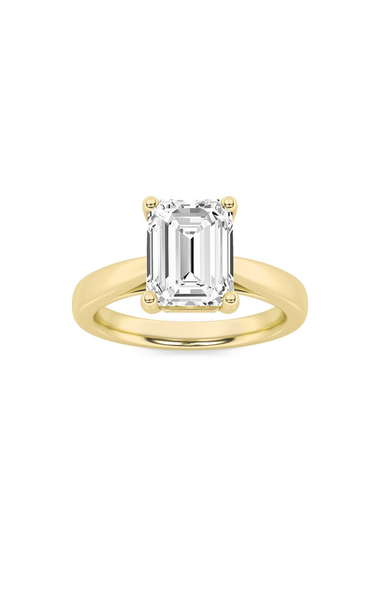 3Cttw Emerald Shaped Lab Grown Diamond (F/VS) Plain Cathedral Trellis Shank Solitaire Engagement Ring in 14K Gold