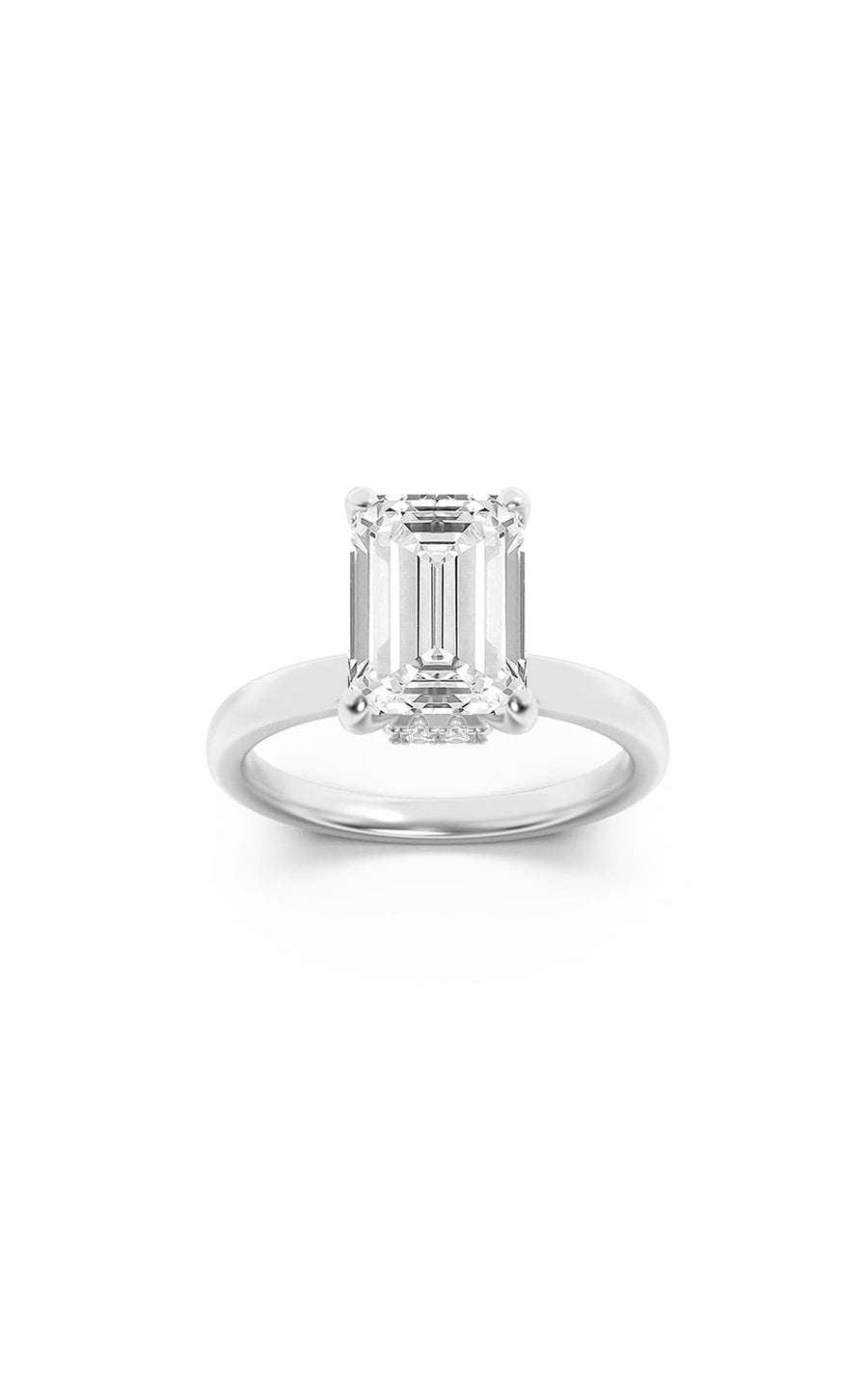 2Cttw Emerald Shaped Lab Grown Diamond (F/VS) Hidden Halo Plain Shank Engagement Ring in 14K Gold