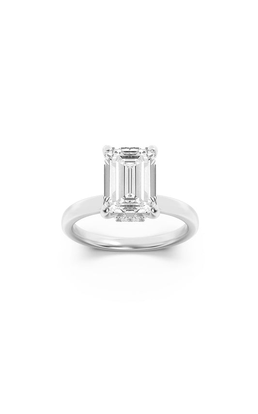 2Cttw Emerald Shaped Lab Grown Diamond (F/VS) Hidden Halo Plain Shank Engagement Ring in 14K Gold