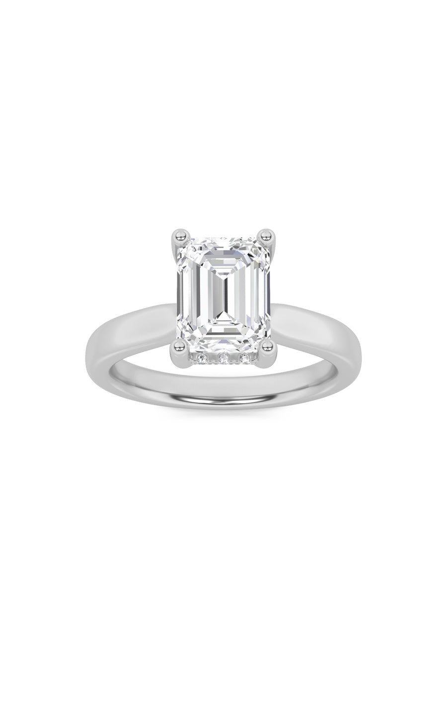 1Cttw Emerald Shaped Lab Grown Diamond (F/VS) Hidden Halo Cathedral Shank Engagement Ring in 14K Gold