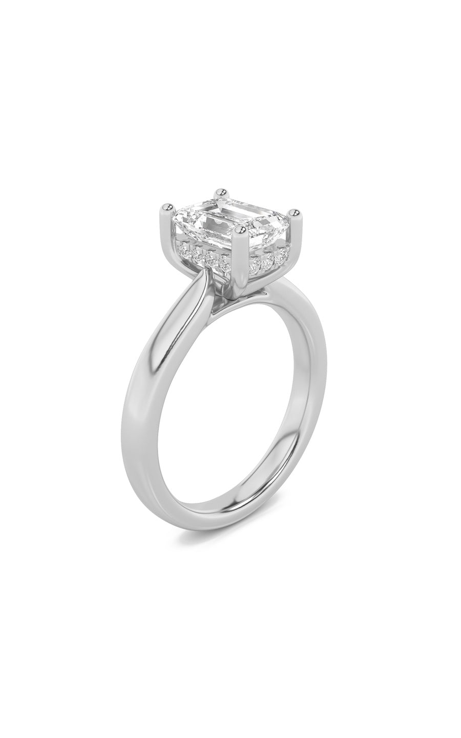 1Cttw Emerald Shaped Lab Grown Diamond (F/VS) Hidden Halo Cathedral Shank Engagement Ring in 14K Gold