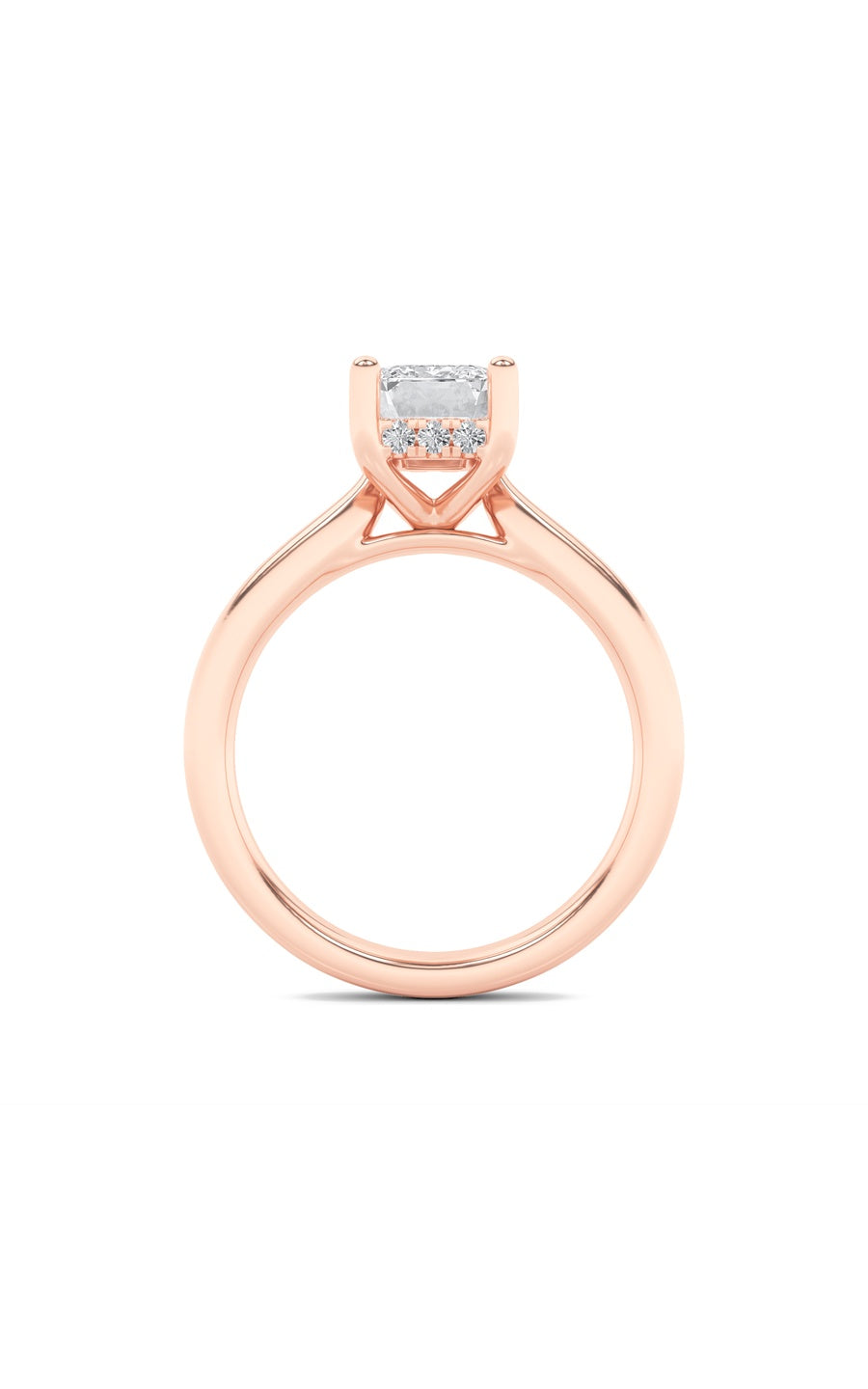 2Cttw Emerald Shaped Lab Grown Diamond (F/VS) Hidden Halo Cathedral Shank Engagement Ring in 14K Gold