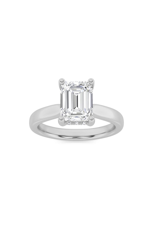 3Cttw Emerald Shaped Lab Grown Diamond (F/VS) Hidden Halo Cathedral Shank Engagement Ring in 14K Gold