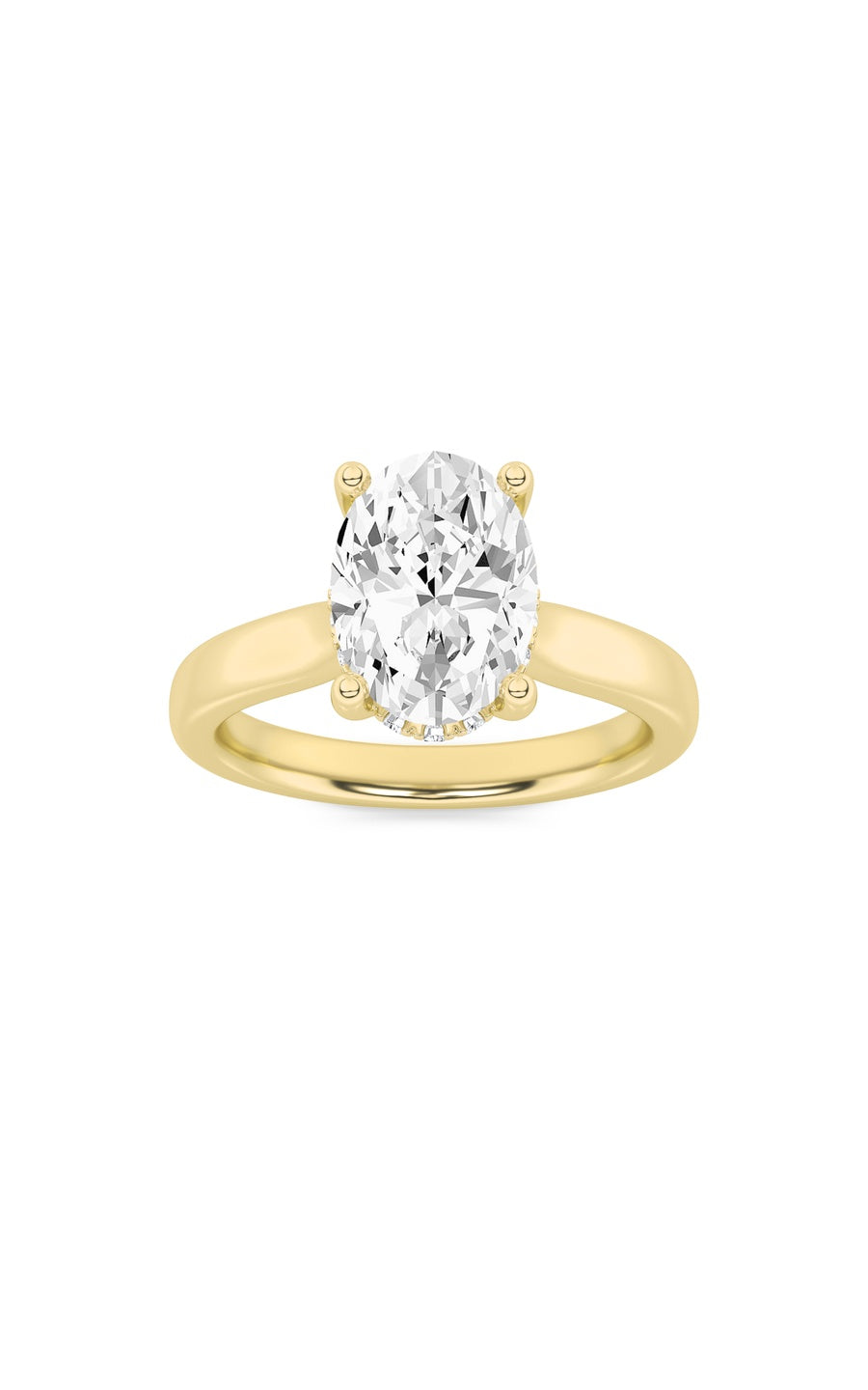 3Cttw Oval Shaped Lab Grown Diamond (F/VS) HiddenHalo Cathedral Shank Engagement Ring in 14K Gold