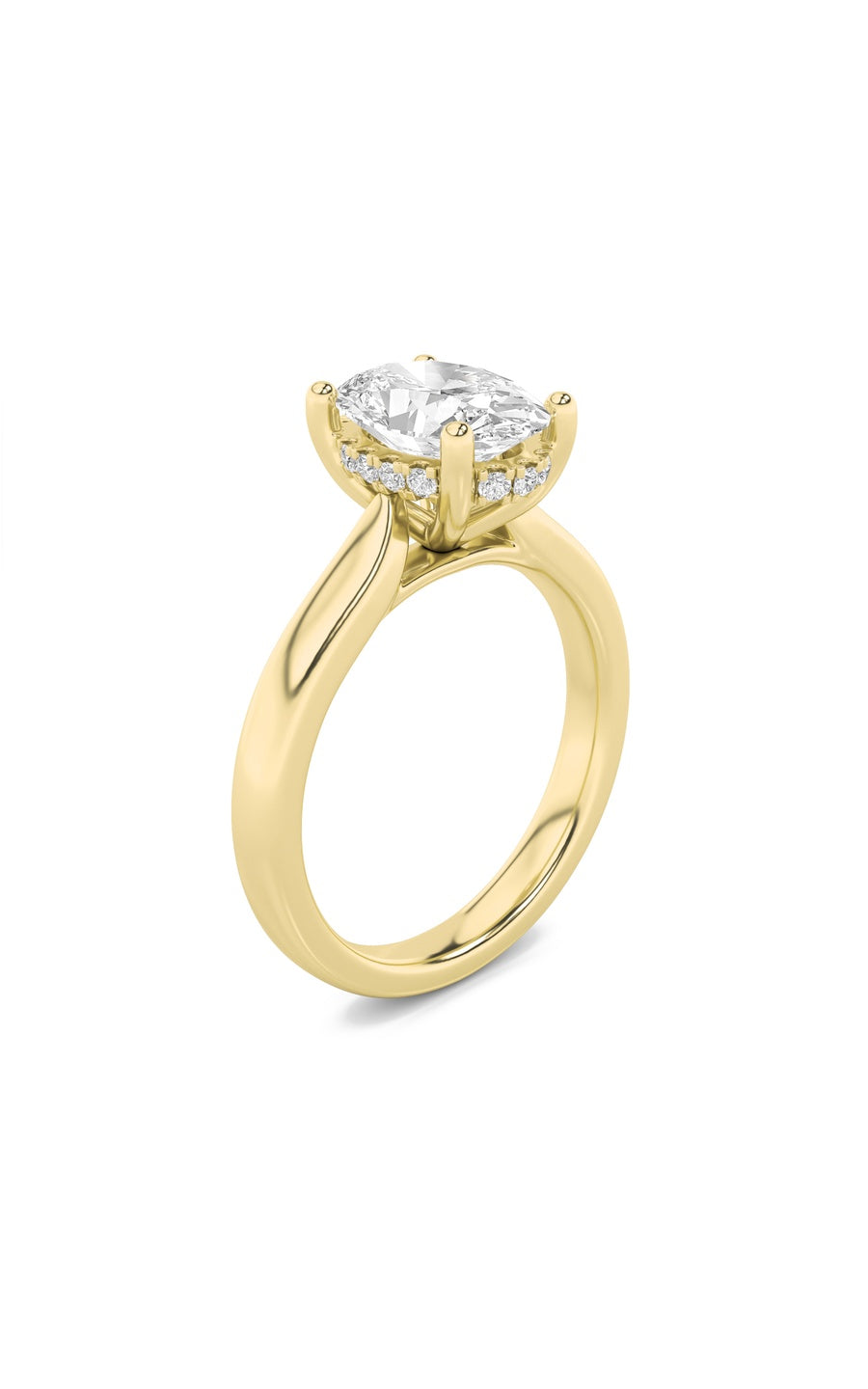 3Cttw Oval Shaped Lab Grown Diamond (F/VS) HiddenHalo Cathedral Shank Engagement Ring in 14K Gold
