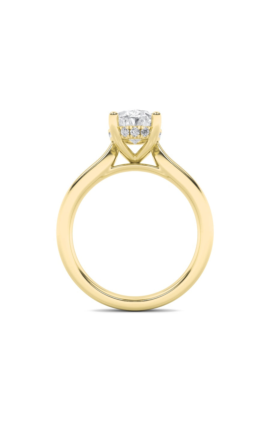 3Cttw Oval Shaped Lab Grown Diamond (F/VS) HiddenHalo Cathedral Shank Engagement Ring in 14K Gold