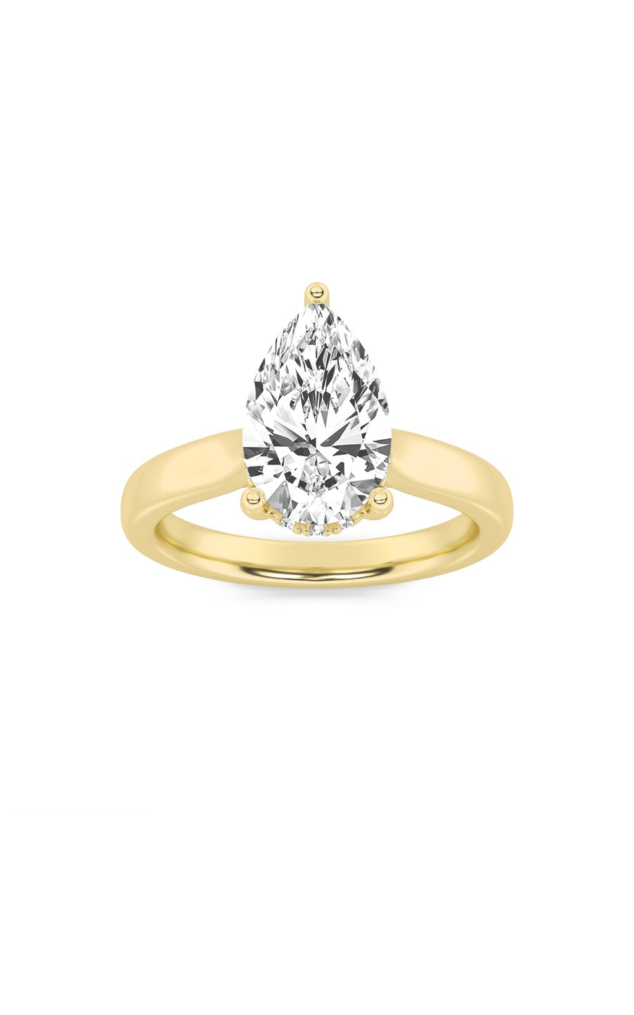 3Cttw Pear Shaped Lab Grown Diamond (F/VS) HiddenHalo Cathedral Shank Engagement Ring in 14K Gold