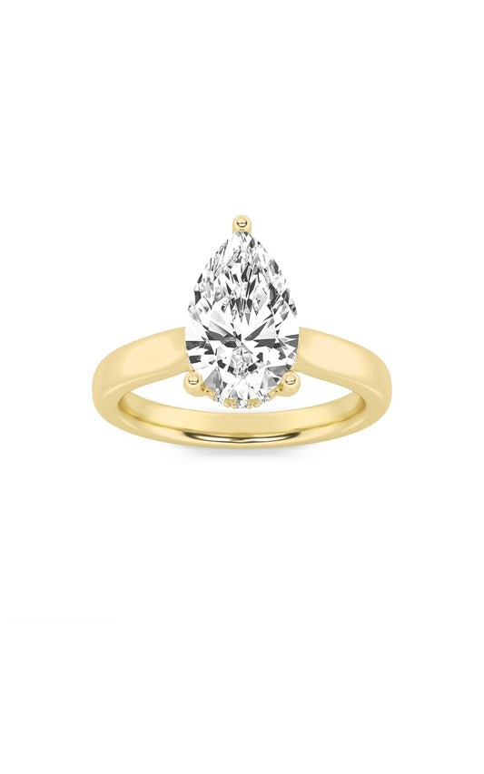 3Cttw Pear Shaped Lab Grown Diamond (F/VS) HiddenHalo Cathedral Shank Engagement Ring in 14K Gold