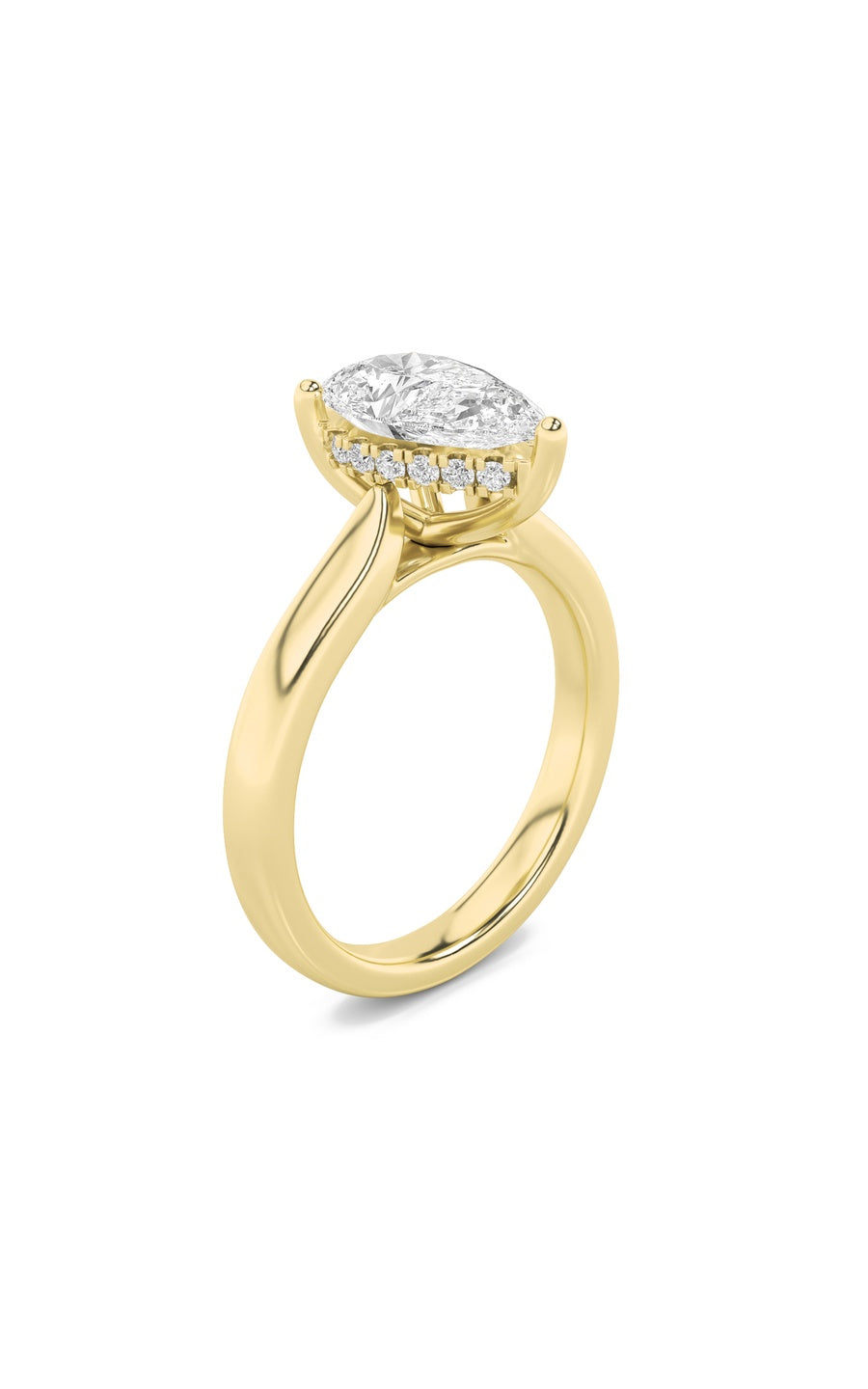 3Cttw Pear Shaped Lab Grown Diamond (F/VS) HiddenHalo Cathedral Shank Engagement Ring in 14K Gold