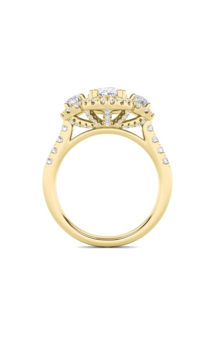 3Cttw Oval Shaped Lab Grown Diamond (F/VS) Three Stone Accented Ring in 14K Gold