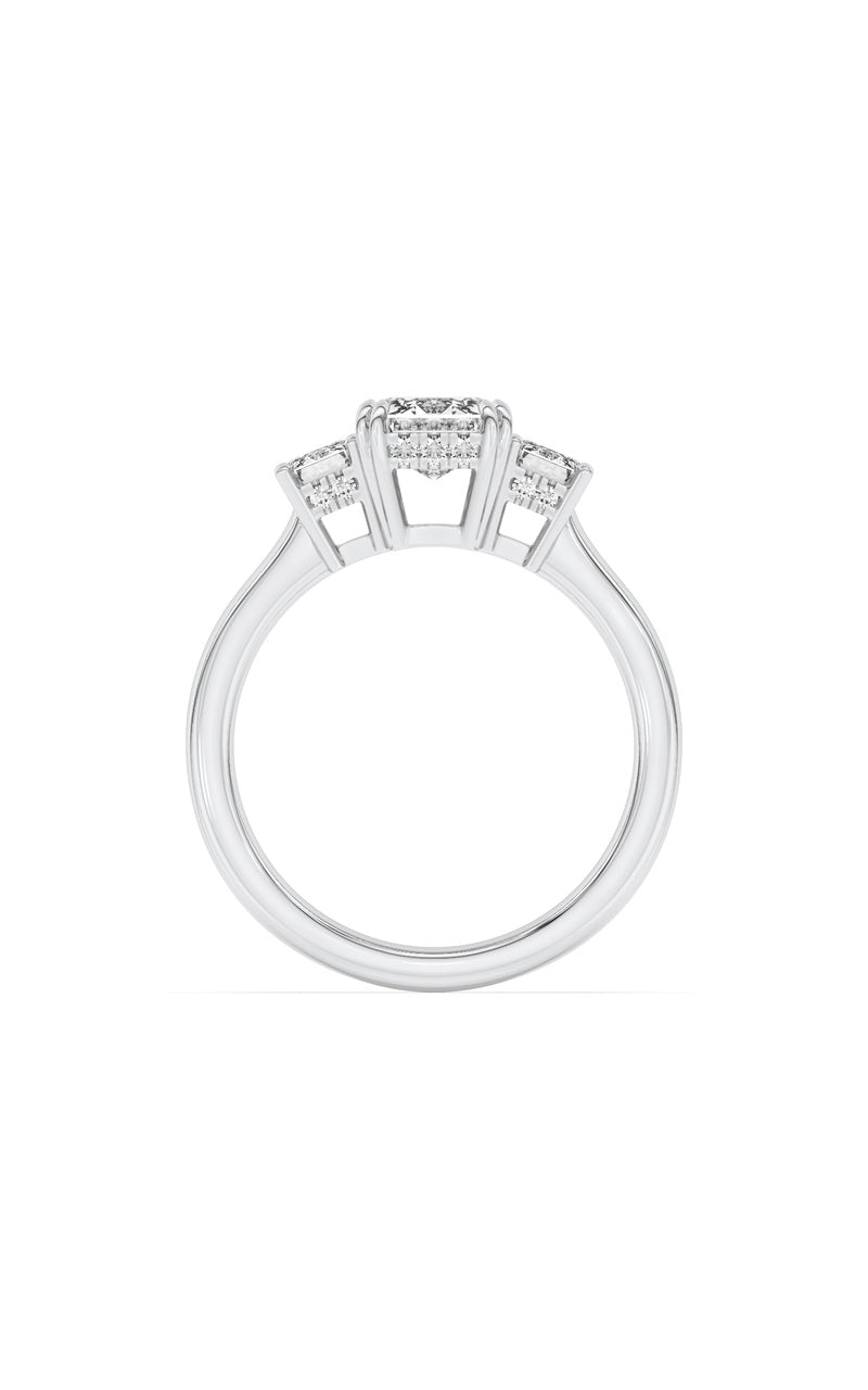 3CTW Emerald Shaped Lab Grown Diamond (F/VS) Three Stone Accented Ring in 14K Gold