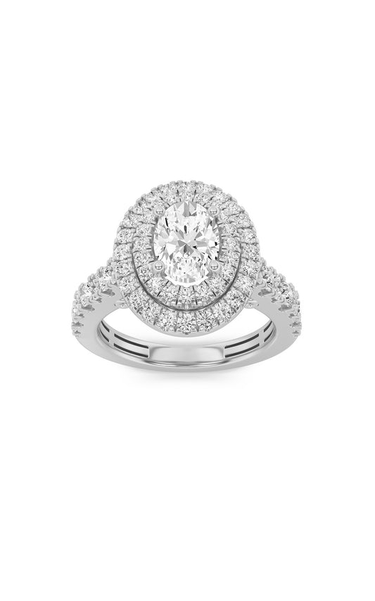 2Cttw Oval Shaped Lab Grown Diamond (F/VS) DoubleHalo Engagement Ring in 14K Gold