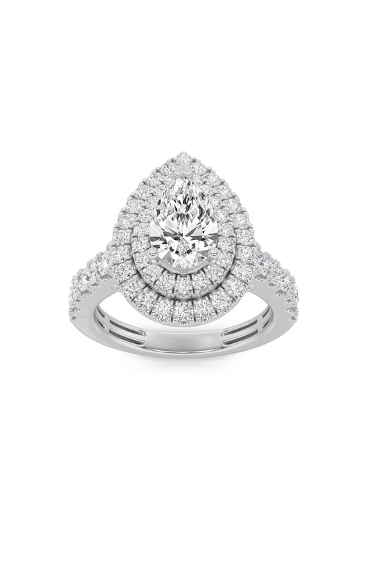 2Cttw Pear Shaped Lab Grown Diamond (F/VS) DoubleHalo Engagement Ring in 14K Gold