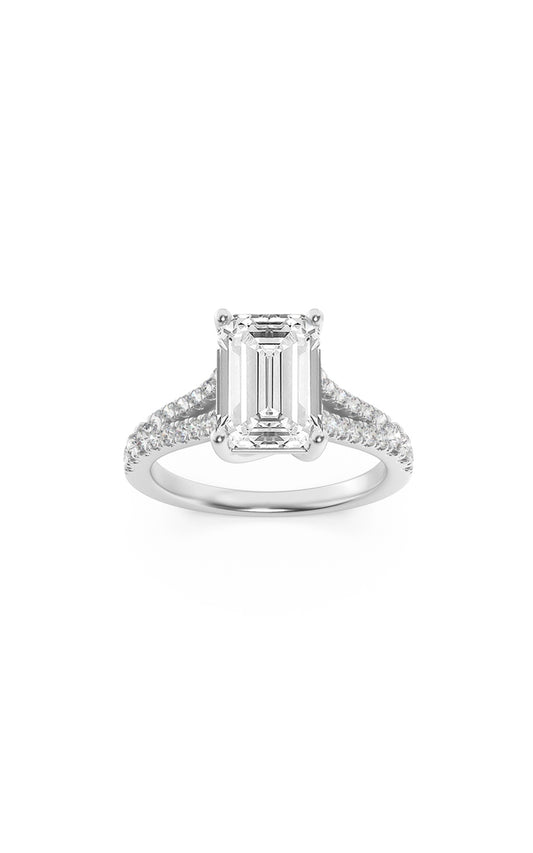 2Cttw Emerald Shaped Lab Grown Diamond (F/VS) Split Shank Trellis Engagement Ring in 14K Gold