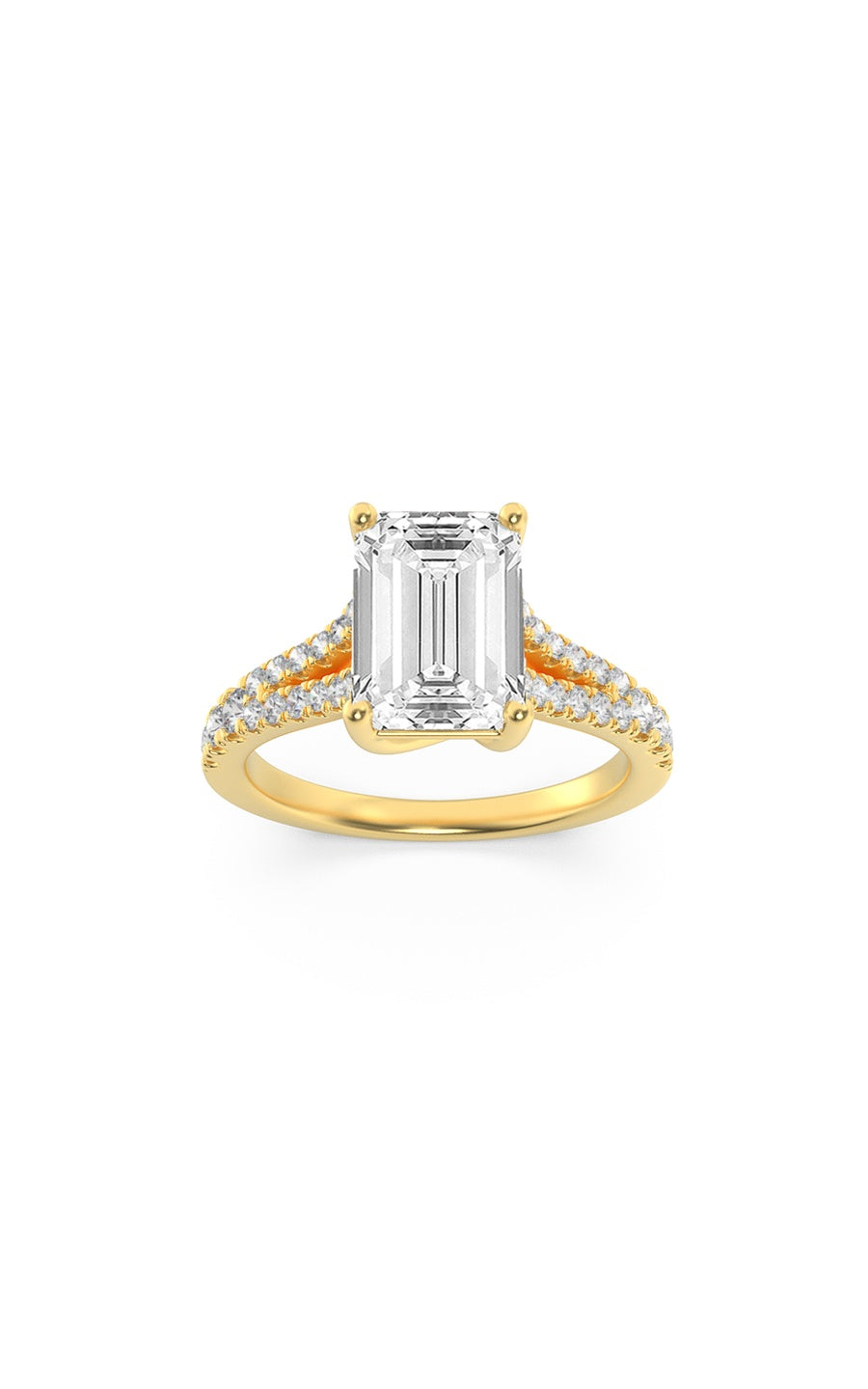 2Cttw Emerald Shaped Lab Grown Diamond (F/VS) Split Shank Trellis Engagement Ring in 14K Gold